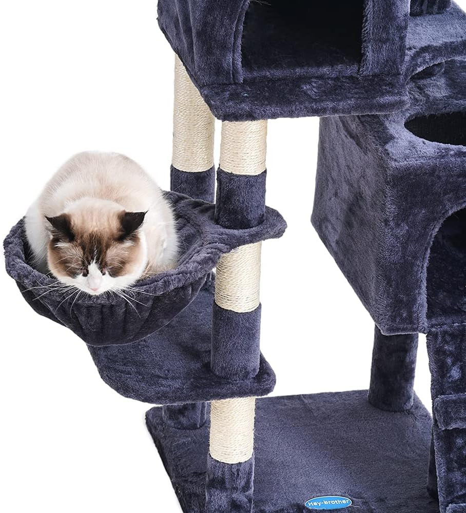 58'' Multi-Level Cat Tree Condo Furniture with Sisal-Covered Scratching Posts, 2 Plush Condos, Hammock for Kittens, Cats and Pets Smokey Gray MPJ013G