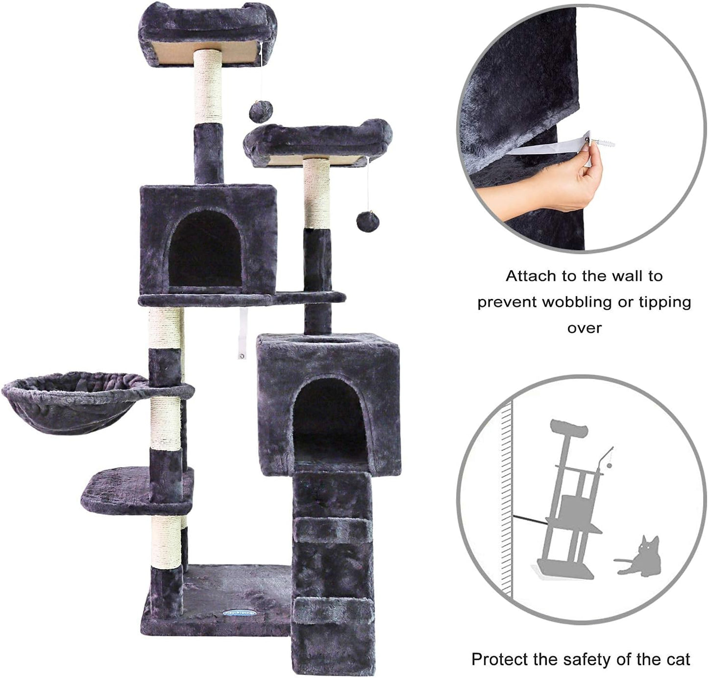 58'' Multi-Level Cat Tree Condo Furniture with Sisal-Covered Scratching Posts, 2 Plush Condos, Hammock for Kittens, Cats and Pets Smokey Gray MPJ013G