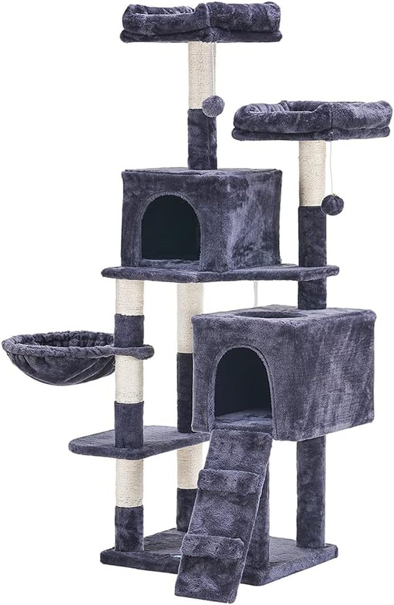 58'' Multi-Level Cat Tree Condo Furniture with Sisal-Covered Scratching Posts, 2 Plush Condos, Hammock for Kittens, Cats and Pets Smokey Gray MPJ013G