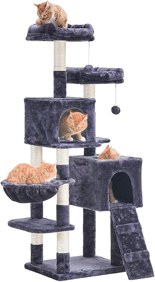 58'' Multi-Level Cat Tree Condo Furniture with Sisal-Covered Scratching Posts, 2 Plush Condos, Hammock for Kittens, Cats and Pets Smokey Gray MPJ013G