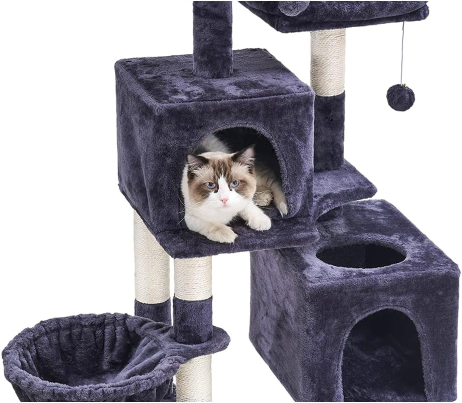 58'' Multi-Level Cat Tree Condo Furniture with Sisal-Covered Scratching Posts, 2 Plush Condos, Hammock for Kittens, Cats and Pets Smokey Gray MPJ013G