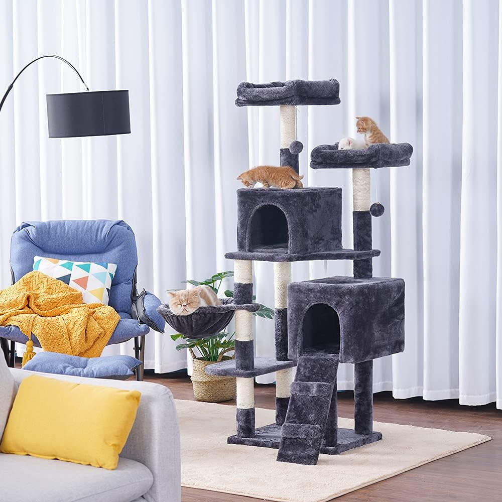 58'' Multi-Level Cat Tree Condo Furniture with Sisal-Covered Scratching Posts, 2 Plush Condos, Hammock for Kittens, Cats and Pets Smokey Gray MPJ013G