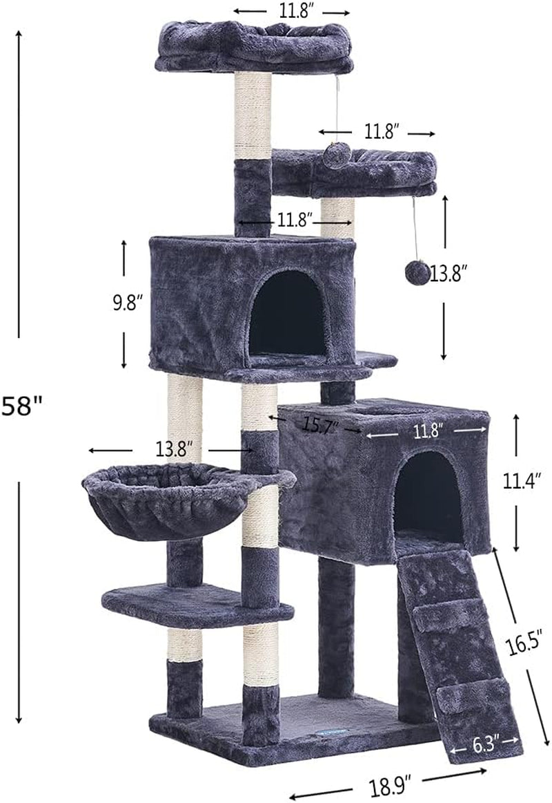 58'' Multi-Level Cat Tree Condo Furniture with Sisal-Covered Scratching Posts, 2 Plush Condos, Hammock for Kittens, Cats and Pets Smokey Gray MPJ013G