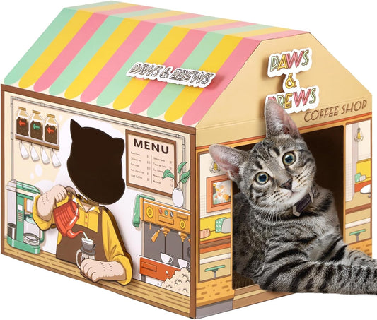Cardboard Cat House with Scratcher/Catnip,(16.5''X12''X15'') Burger Shop for Indoor/Outdoor Cats,Cat Play House&Home Decor,Cat Scratch Toy,Hideout for Bunny&Small Animals