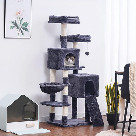 58'' Multi-Level Cat Tree Condo Furniture with Sisal-Covered Scratching Posts, 2 Plush Condos, Hammock for Kittens, Cats and Pets Smokey Gray MPJ013G
