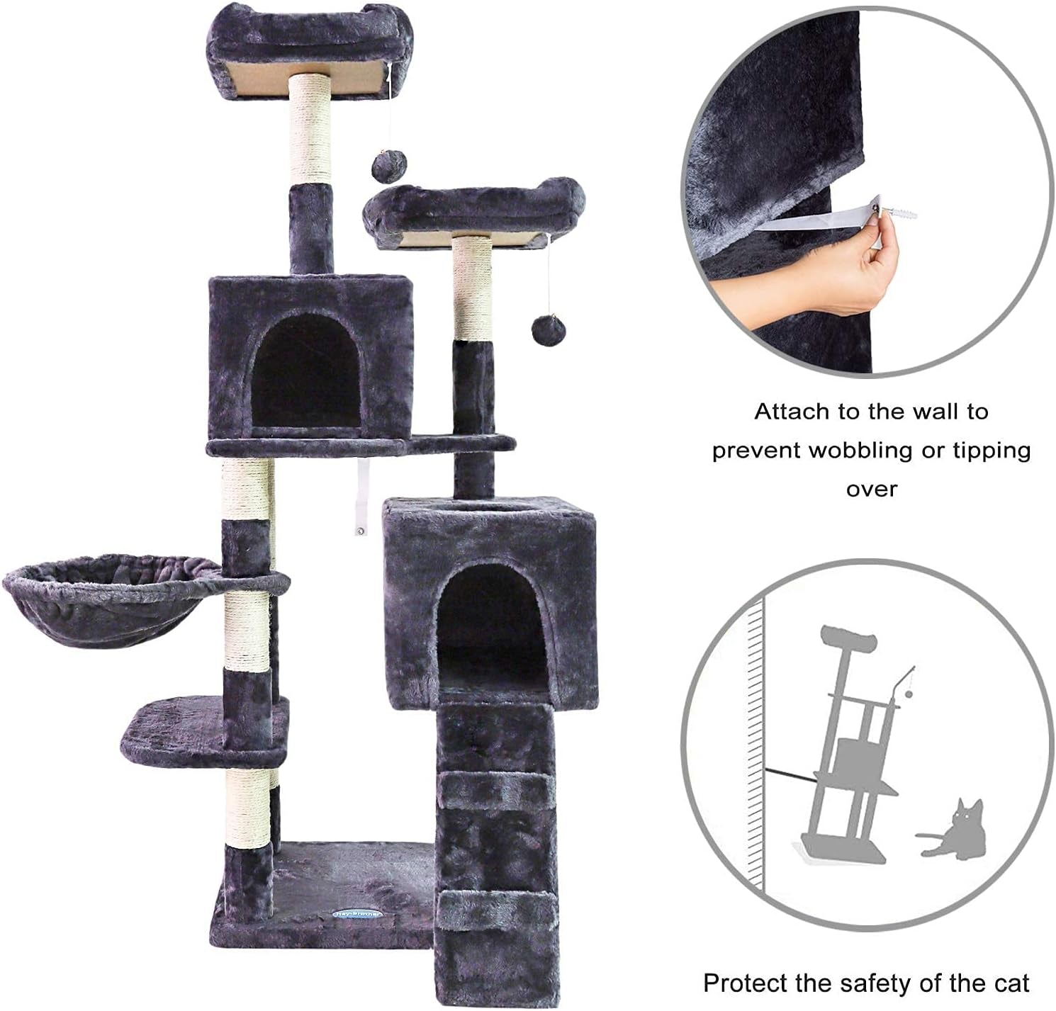 58'' Multi-Level Cat Tree Condo Furniture with Sisal-Covered Scratching Posts, 2 Plush Condos, Hammock for Kittens, Cats and Pets Smokey Gray MPJ013G