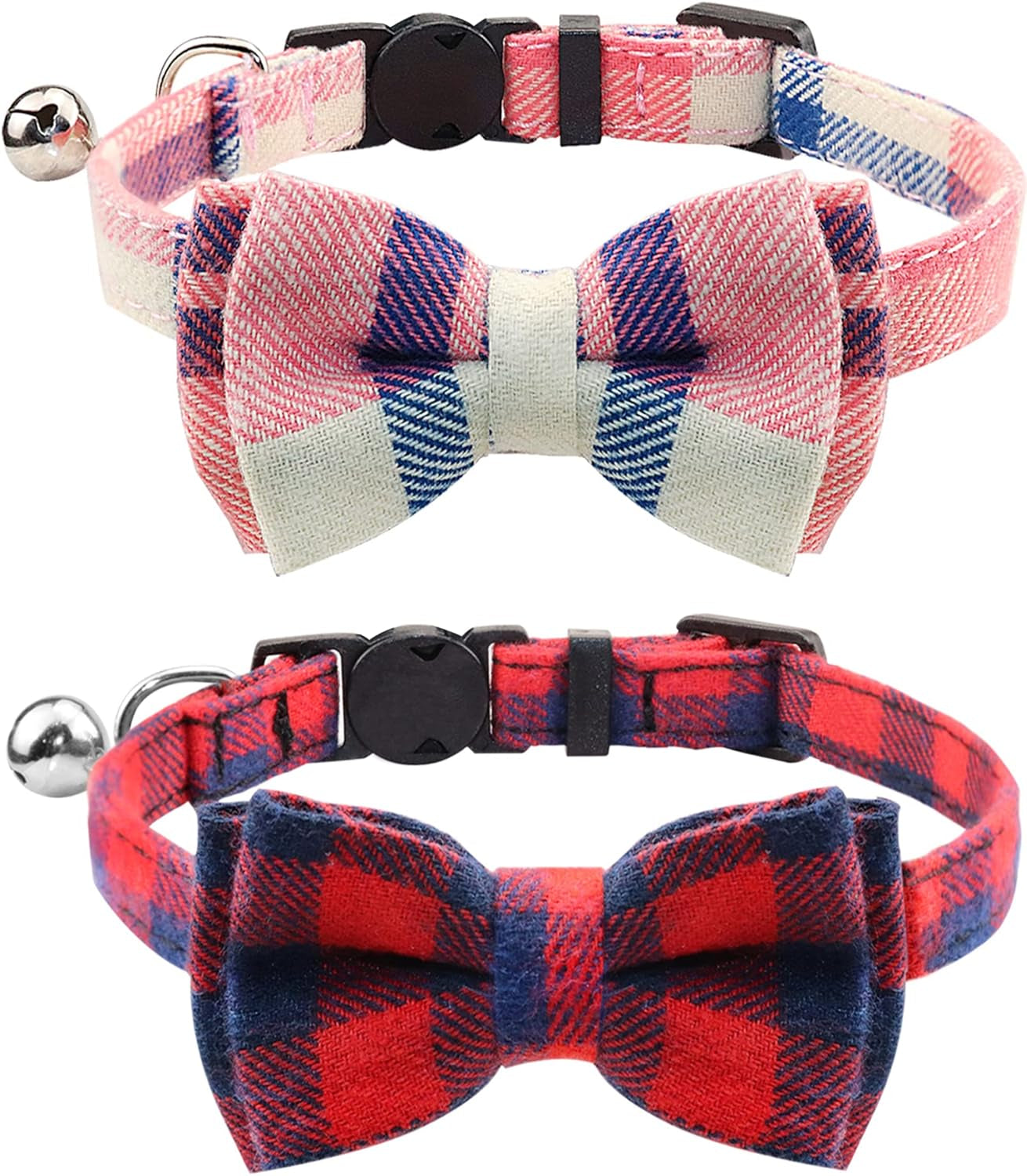 Upgraded Cat Collar with Bells, Breakaway Cat Collars with Bow Tie, 1 Pack Girl Boy Safety Plaid Kitten Collars, Haze Blue
