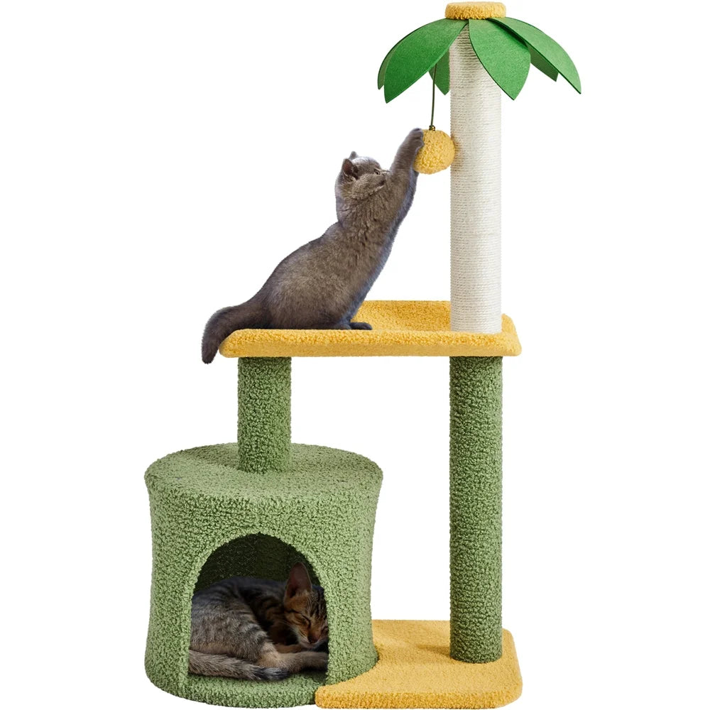Upholstered 2-Level 37" Coconut Palm Cat Tree with Bending Perch, Gree/Yellow