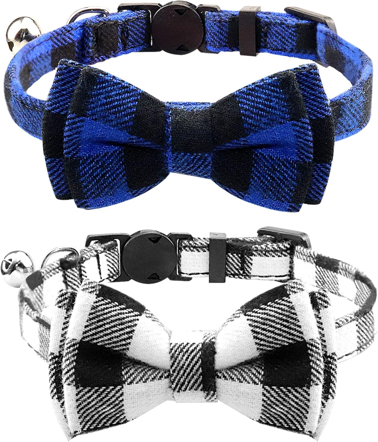 Upgraded Cat Collar with Bells, Breakaway Cat Collars with Bow Tie, 1 Pack Girl Boy Safety Plaid Kitten Collars, Haze Blue