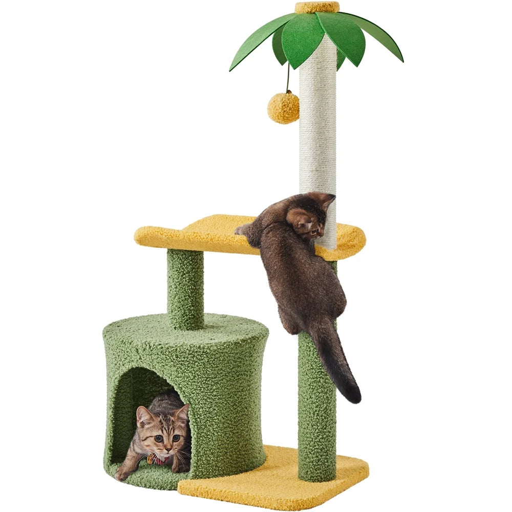 Upholstered 2-Level 37" Coconut Palm Cat Tree with Bending Perch, Gree/Yellow