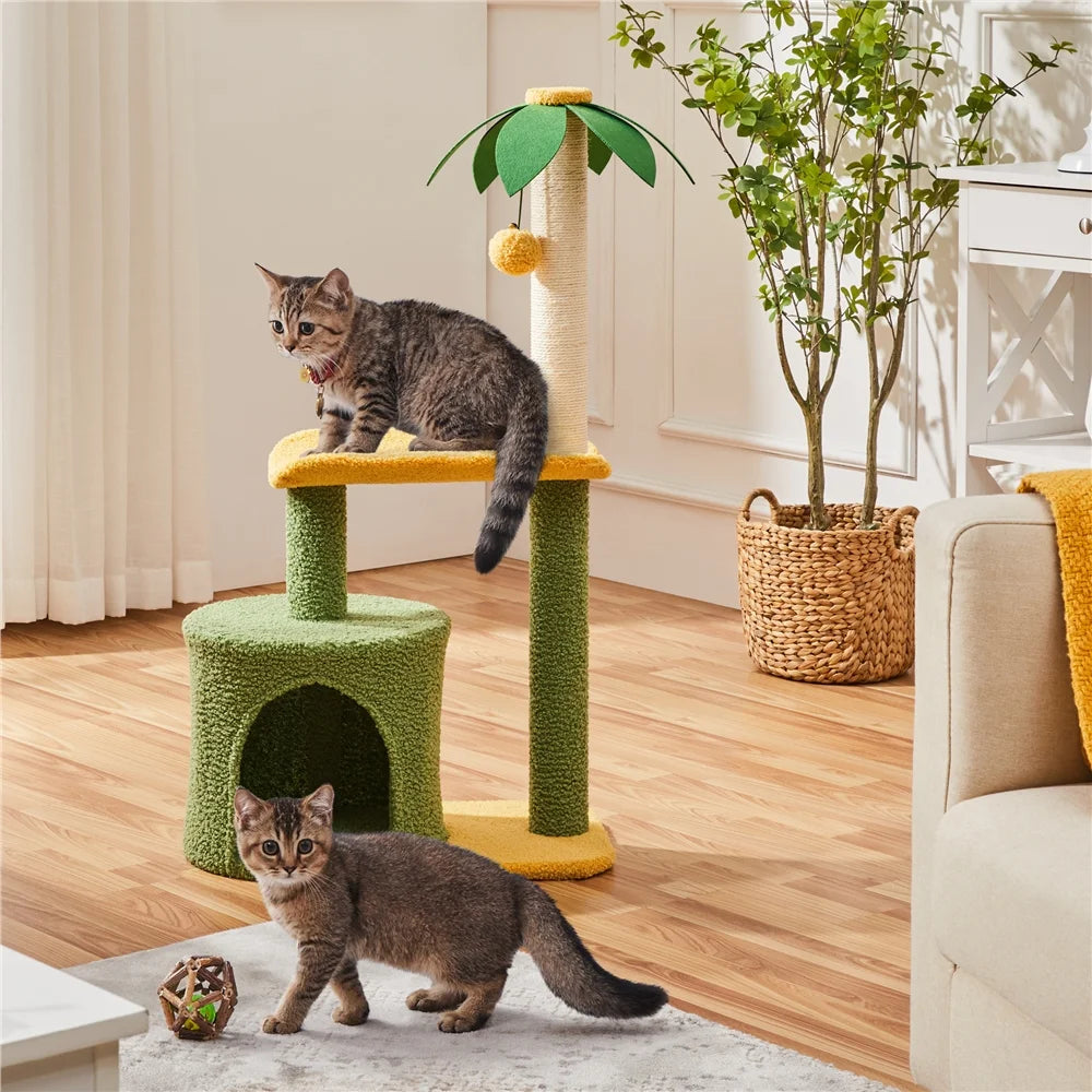 Upholstered 2-Level 37" Coconut Palm Cat Tree with Bending Perch, Gree/Yellow