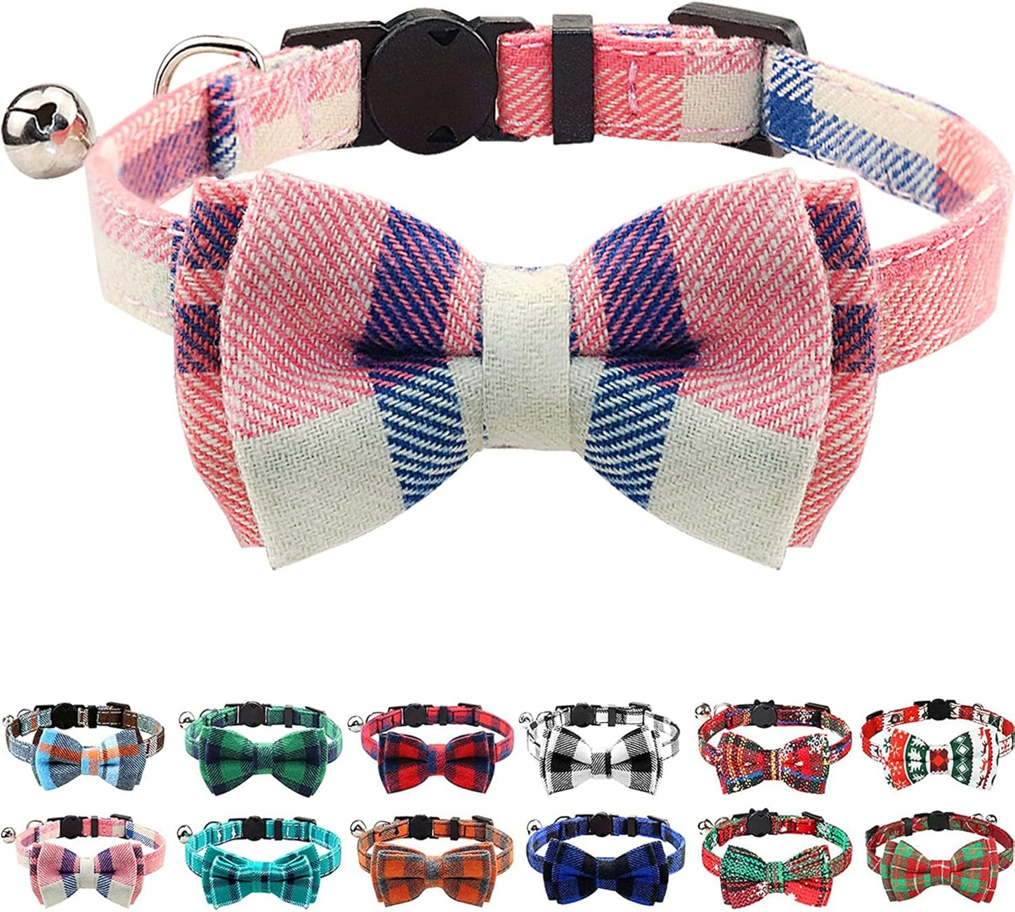 Upgraded Cat Collar with Bells, Breakaway Cat Collars with Bow Tie, 1 Pack Girl Boy Safety Plaid Kitten Collars, Haze Blue