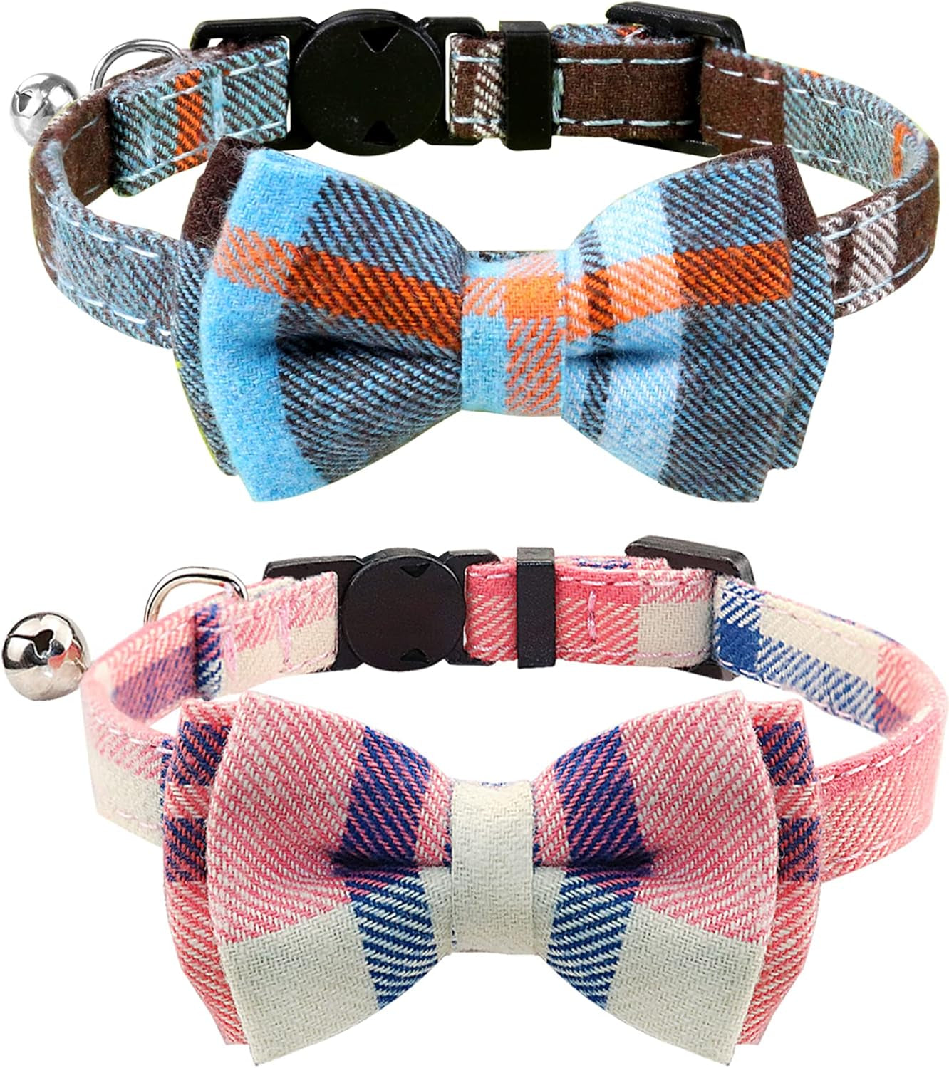 Upgraded Cat Collar with Bells, Breakaway Cat Collars with Bow Tie, 1 Pack Girl Boy Safety Plaid Kitten Collars, Haze Blue