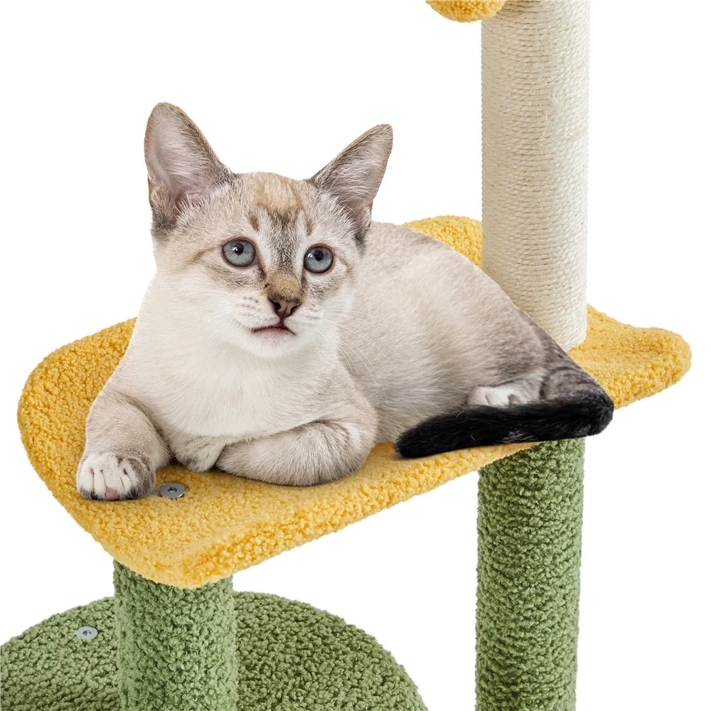 Upholstered 2-Level 37" Coconut Palm Cat Tree with Bending Perch, Gree/Yellow