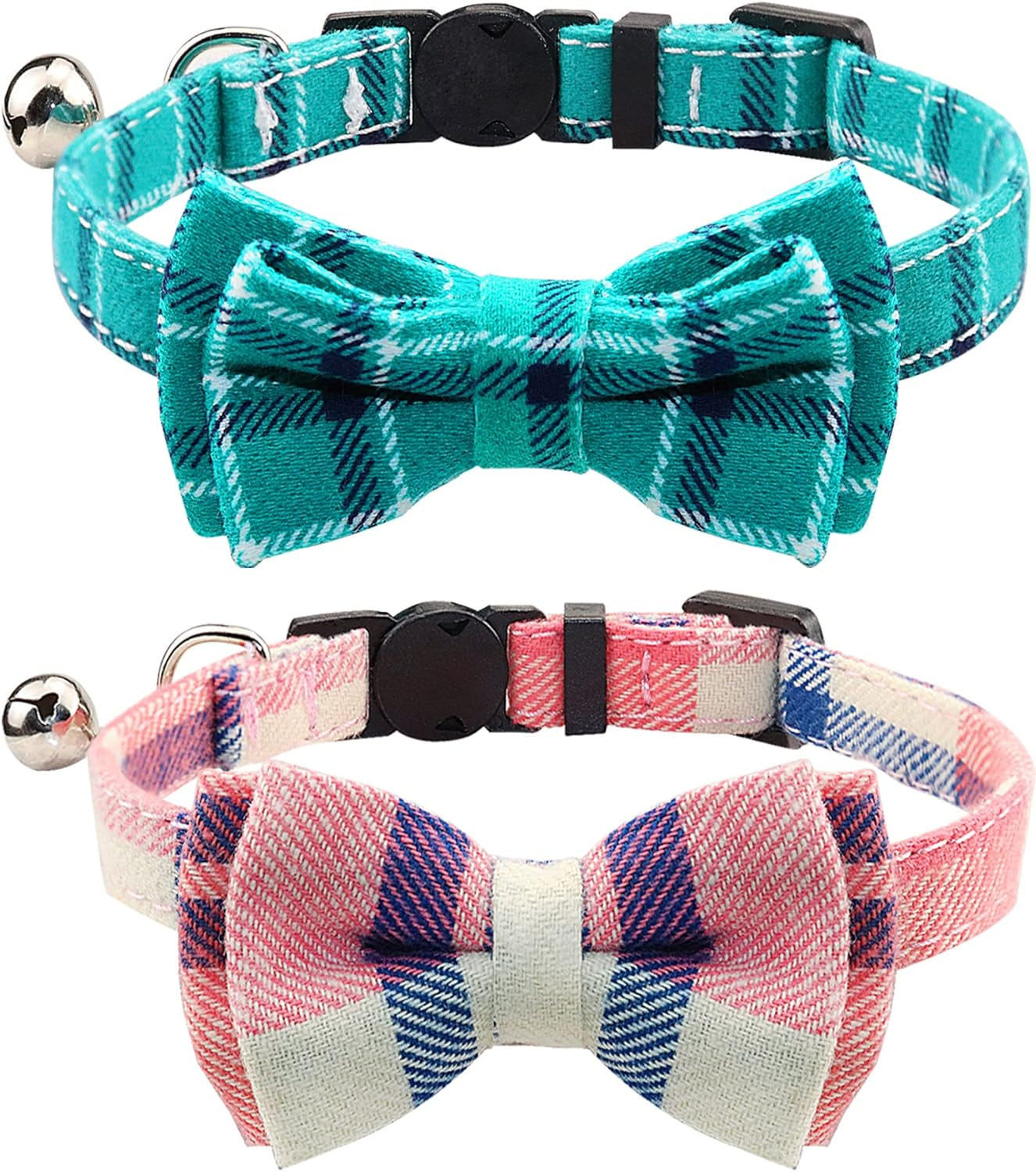 Upgraded Cat Collar with Bells, Breakaway Cat Collars with Bow Tie, 1 Pack Girl Boy Safety Plaid Kitten Collars, Haze Blue