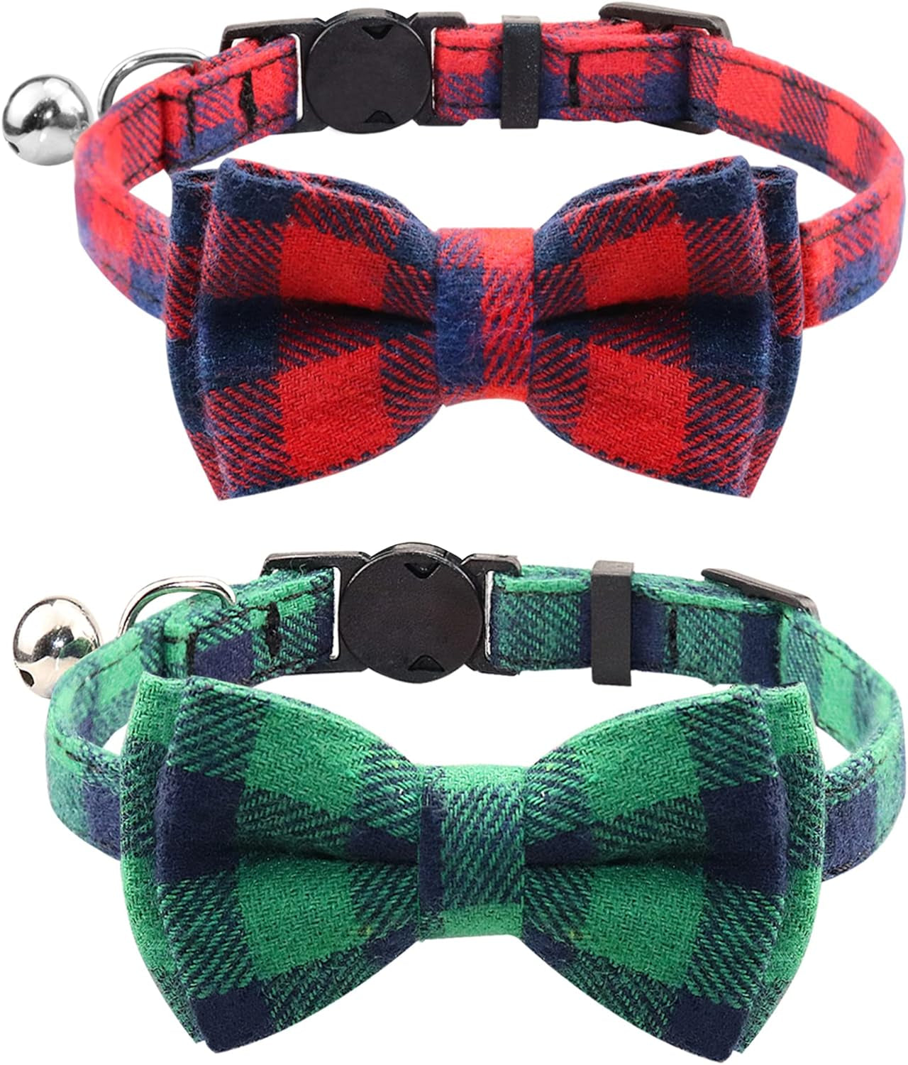 Upgraded Cat Collar with Bells, Breakaway Cat Collars with Bow Tie, 1 Pack Girl Boy Safety Plaid Kitten Collars, Haze Blue