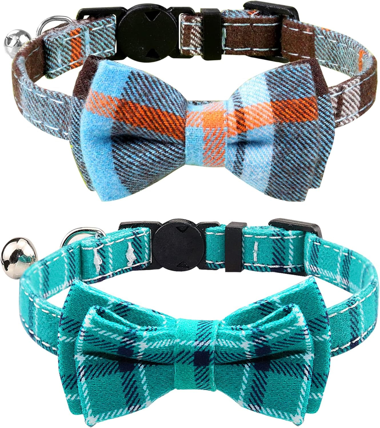 Upgraded Cat Collar with Bells, Breakaway Cat Collars with Bow Tie, 1 Pack Girl Boy Safety Plaid Kitten Collars, Haze Blue