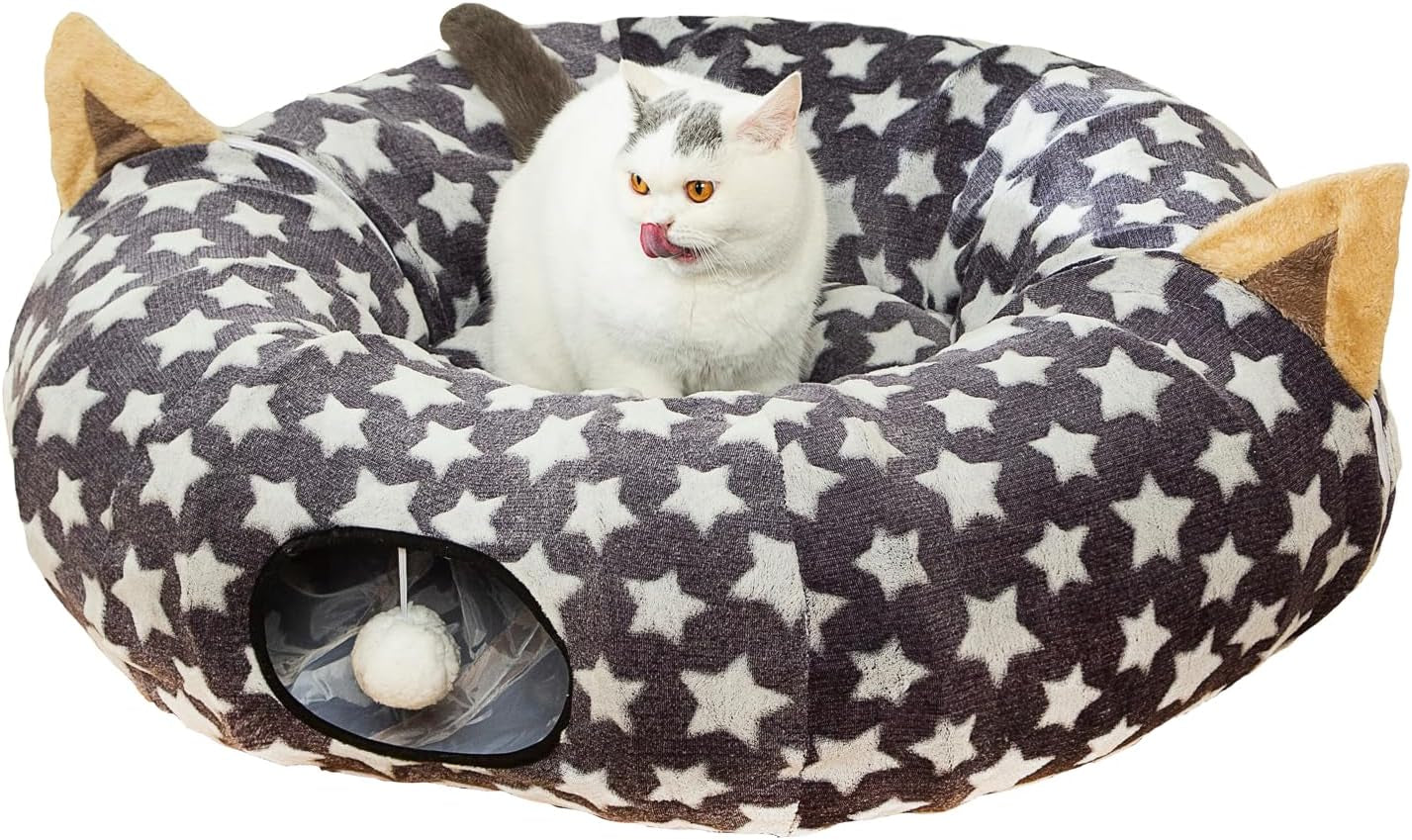 Large Cat Tunnel Bed with Plush Cover,Fluffy Toy Balls, Small Cushion and Flexible Design- 10 Inch Diameter, 3 Ft Length- Great for Cats, and Small Dogs, Gray Geometric Figure