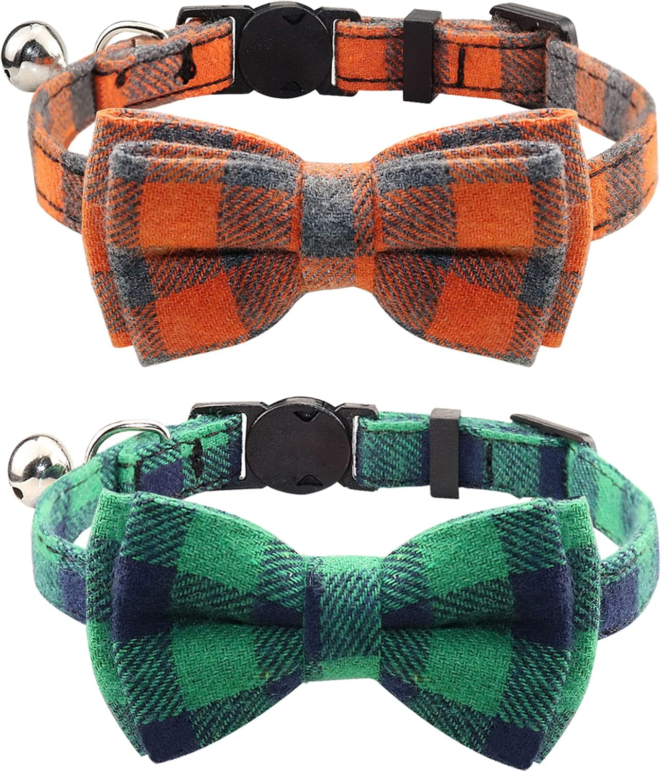 Upgraded Cat Collar with Bells, Breakaway Cat Collars with Bow Tie, 1 Pack Girl Boy Safety Plaid Kitten Collars, Haze Blue