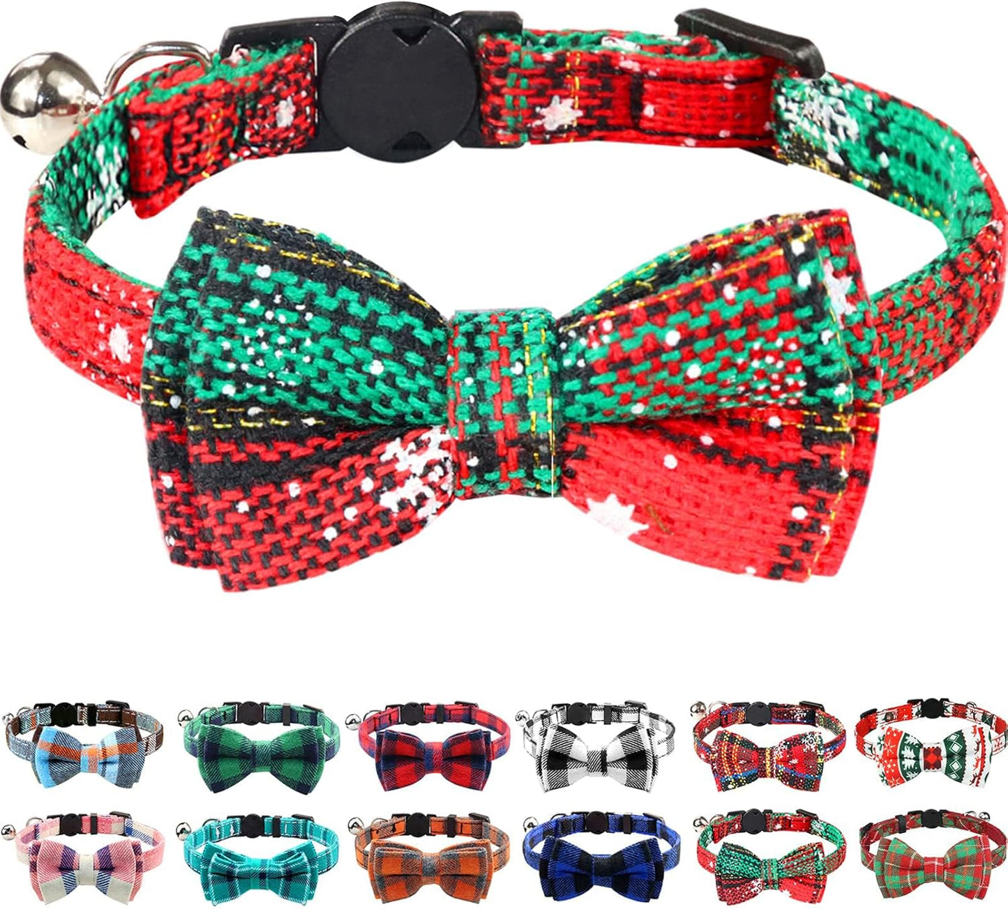 Upgraded Cat Collar with Bells, Breakaway Cat Collars with Bow Tie, 1 Pack Girl Boy Safety Plaid Kitten Collars, Haze Blue