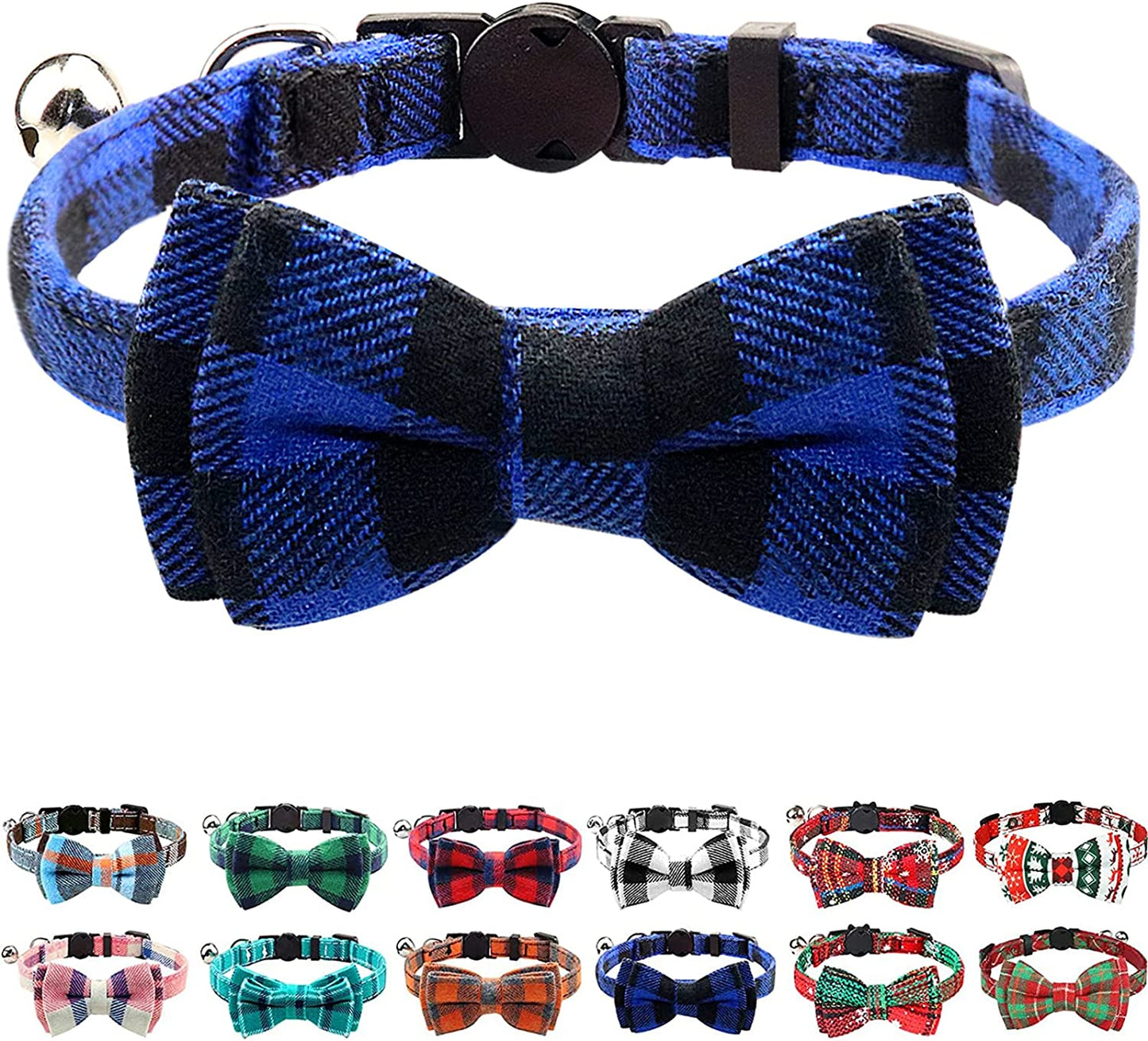 Upgraded Cat Collar with Bells, Breakaway Cat Collars with Bow Tie, 1 Pack Girl Boy Safety Plaid Kitten Collars, Haze Blue