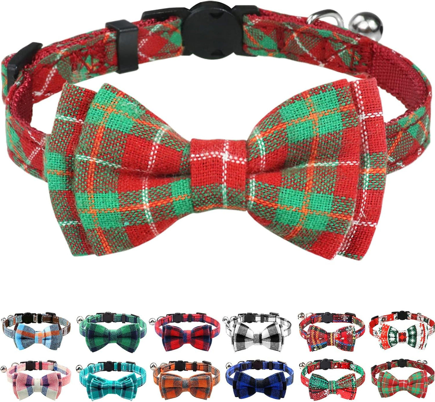 Upgraded Cat Collar with Bells, Breakaway Cat Collars with Bow Tie, 1 Pack Girl Boy Safety Plaid Kitten Collars, Haze Blue