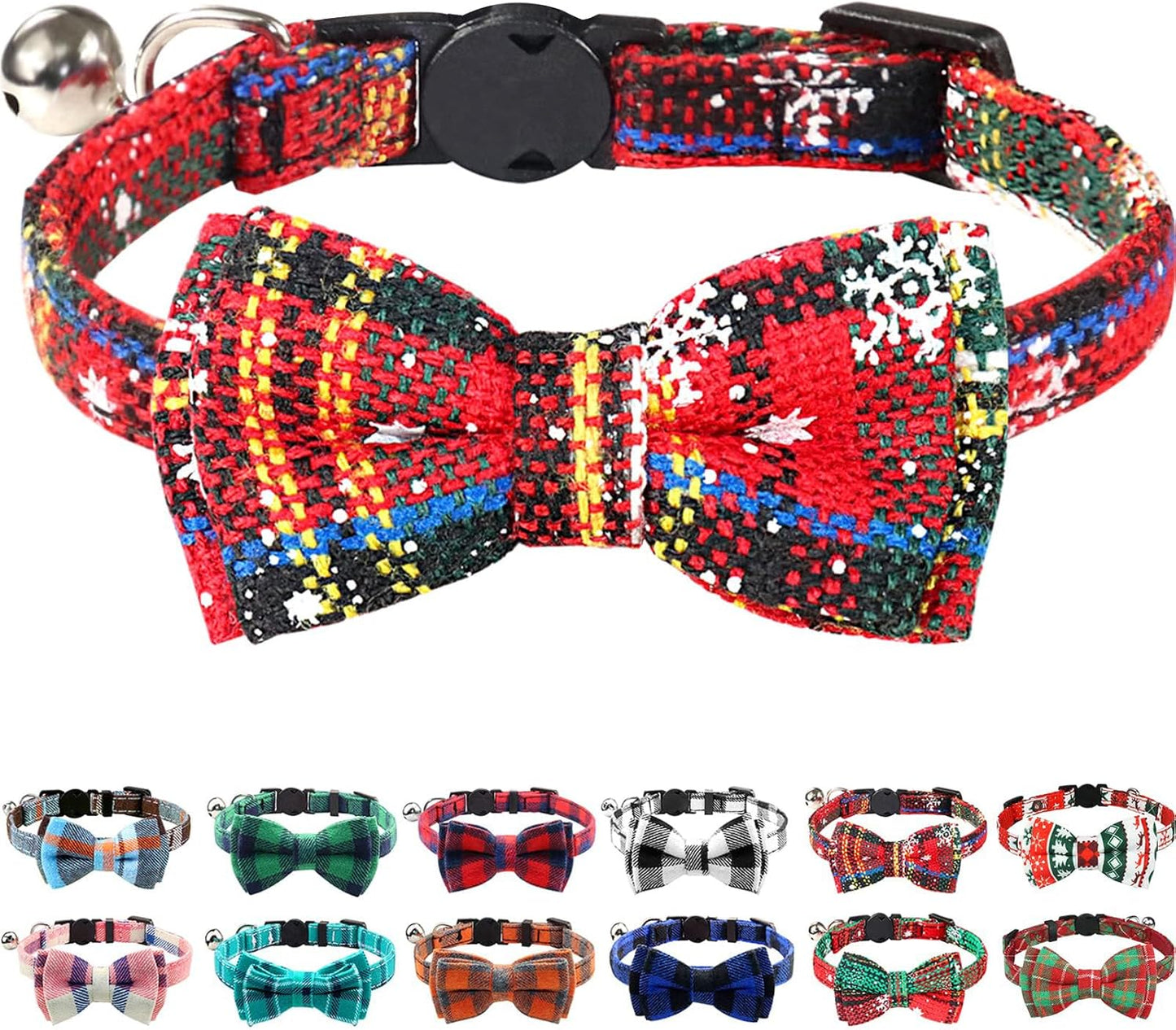 Upgraded Cat Collar with Bells, Breakaway Cat Collars with Bow Tie, 1 Pack Girl Boy Safety Plaid Kitten Collars, Haze Blue